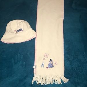 Eeyore winter hat and a scarf monogrammed with letter K.